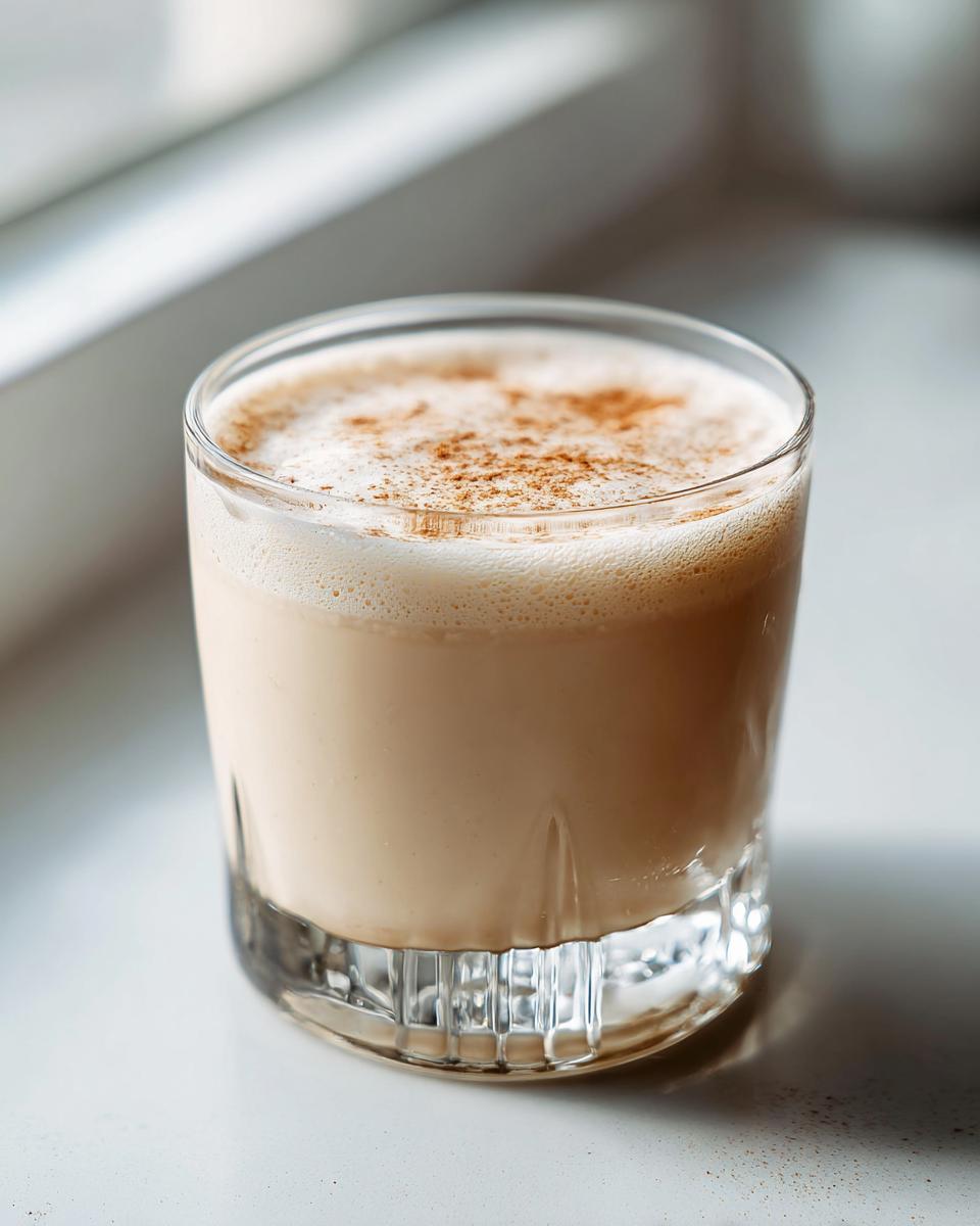 Ein Glas cremiger Engelchen-Likör, garniert mit Zimt, steht auf einer hellen Oberfläche.