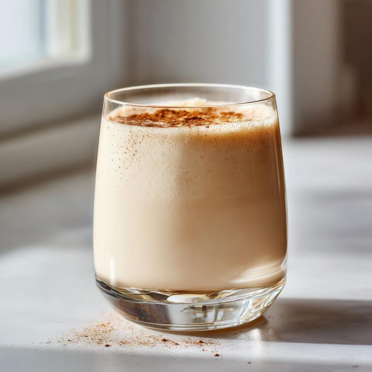 Ein Glas cremiger Engelchen-Likör, bestäubt mit Zimt, steht auf einer hellen Oberfläche.