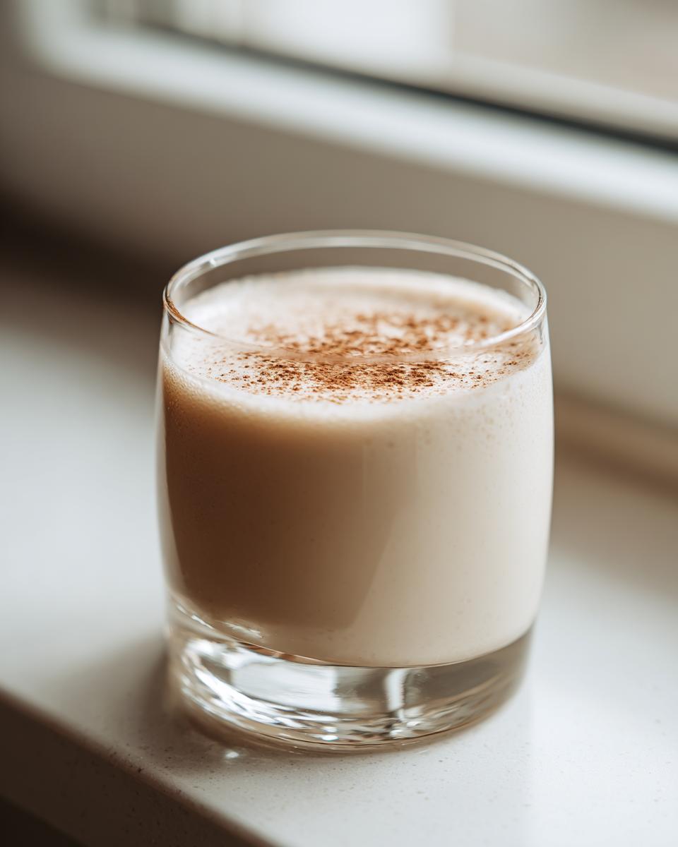 Ein Glas cremiger Engelchen-Likör, garniert mit Zimt, steht auf einer hellen Oberfläche.