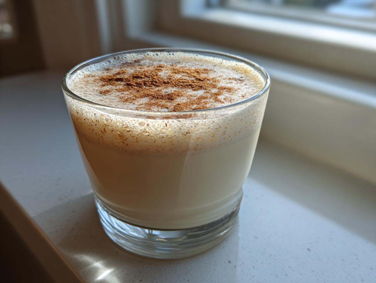 Ein Glas cremiger Engelchen-Likör, garniert mit Zimt, steht im hellen Licht am Fenster.