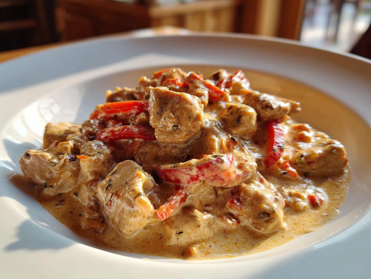 Nahaufnahme von cremigem Putengulasch mit Fleischstücken und roten Paprikastreifen in einer weißen Schüssel.