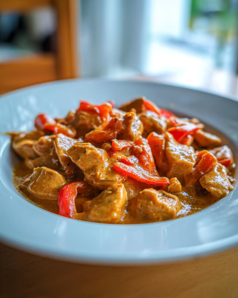 Nahaufnahme von Cremiges Putengulasch mit saftigen Putenstücken und roten Paprikastreifen in einer cremigen Sauce.