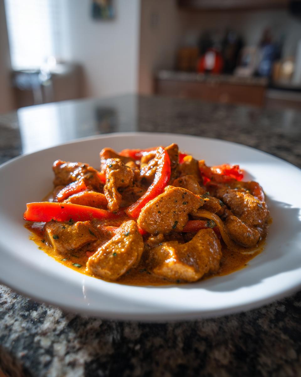 Nahaufnahme von cremigem Putengulasch mit saftigen Putenstücken und roten Paprikastreifen auf einem weißen Teller.