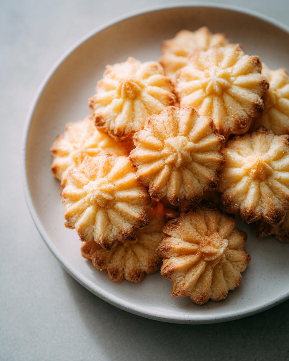 Nahaufnahme von goldbraun gebackenem Eierlikör Spritzgebäck, sternförmig und mit Zuckerkristallen bestreut, auf einem hellgrauen Teller.