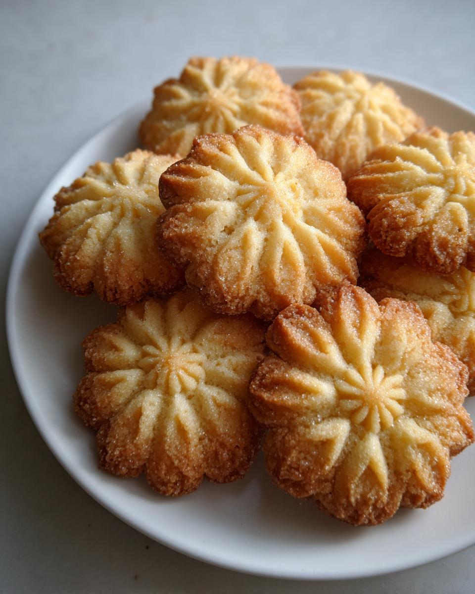 Nahaufnahme von goldbraunem, blumenförmigem Eierlikör Spritzgebäck, bestreut mit Zucker, auf einem weißen Teller.