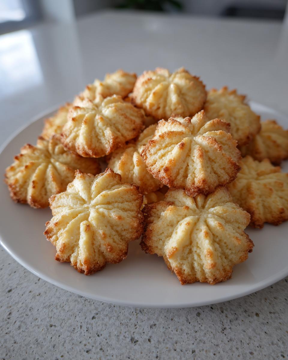 Ein Haufen goldbraun gebackener Eierlikör Spritzgebäck Kekse in Sternform auf einem weißen Teller.