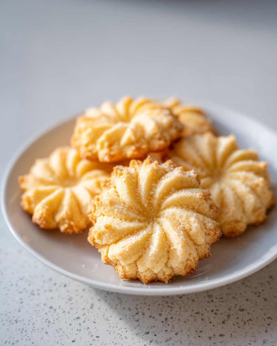 Nahaufnahme von goldbraunem Eierlikör Spritzgebäck mit Zuckerkristallen auf einem hellgrauen Teller.