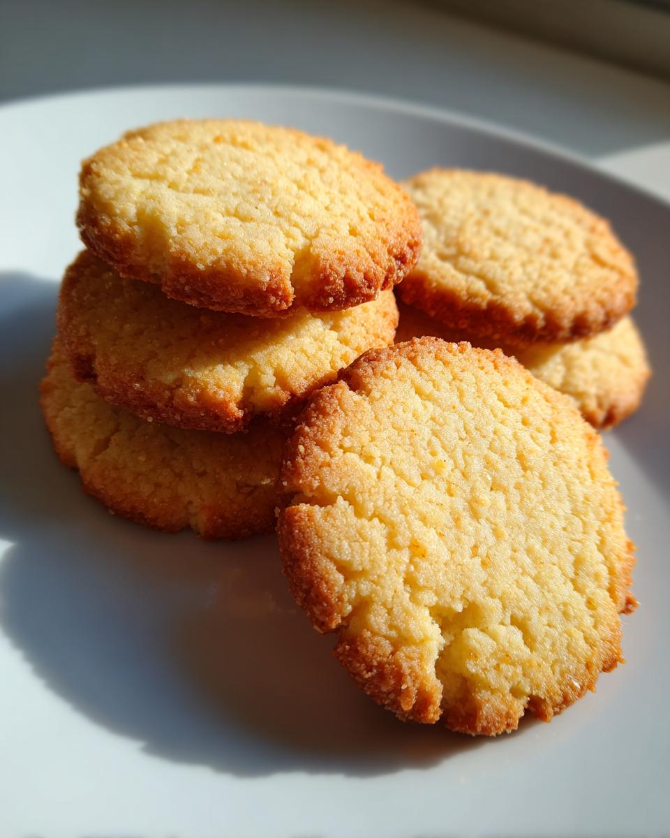 Nahaufnahme von gestapelten, goldbraun gebackenen Einfache Vanillekekse auf einem weißen Teller.