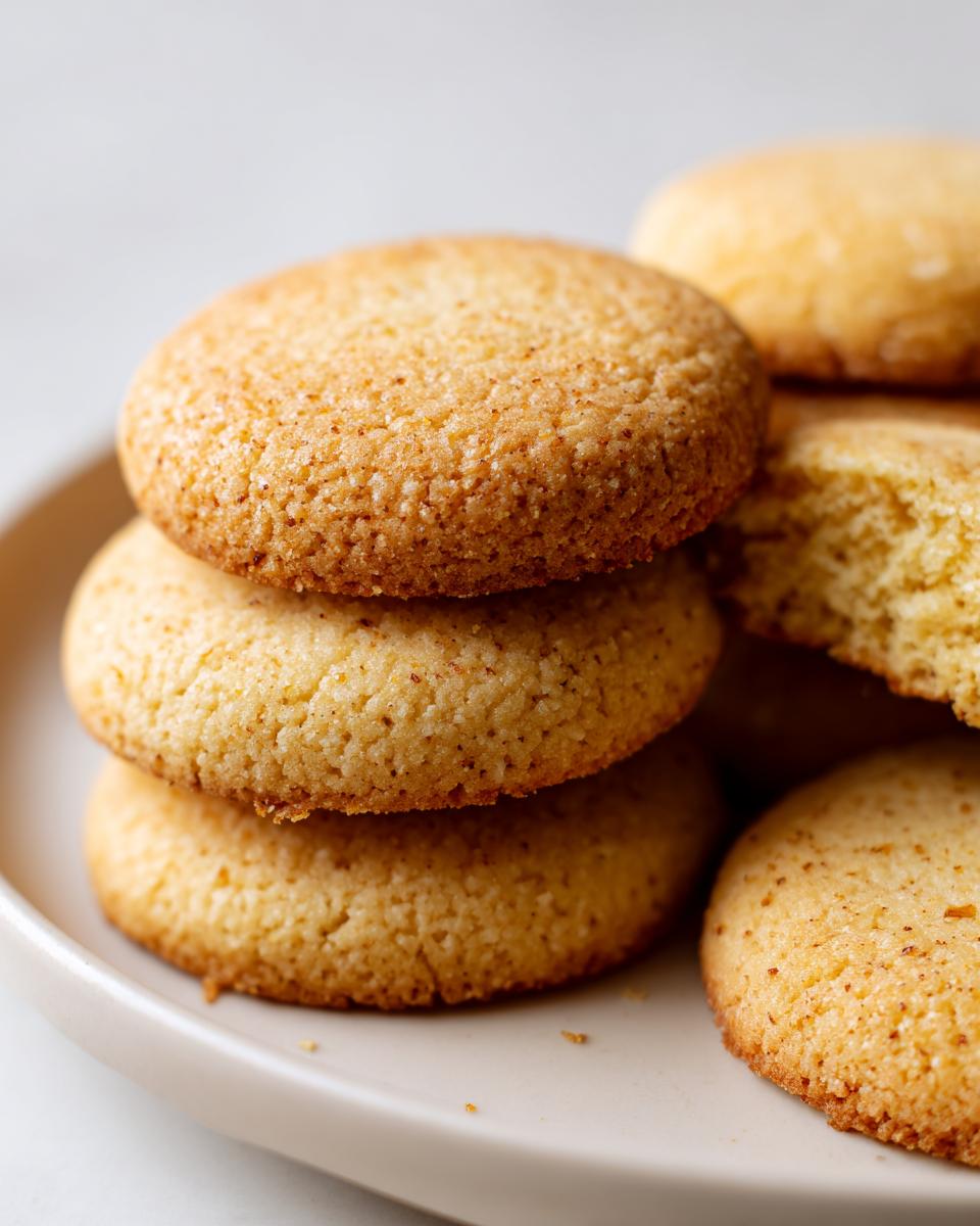 Nahaufnahme von gestapelten, runden Einfache Vanillekekse auf einem hellen Teller.