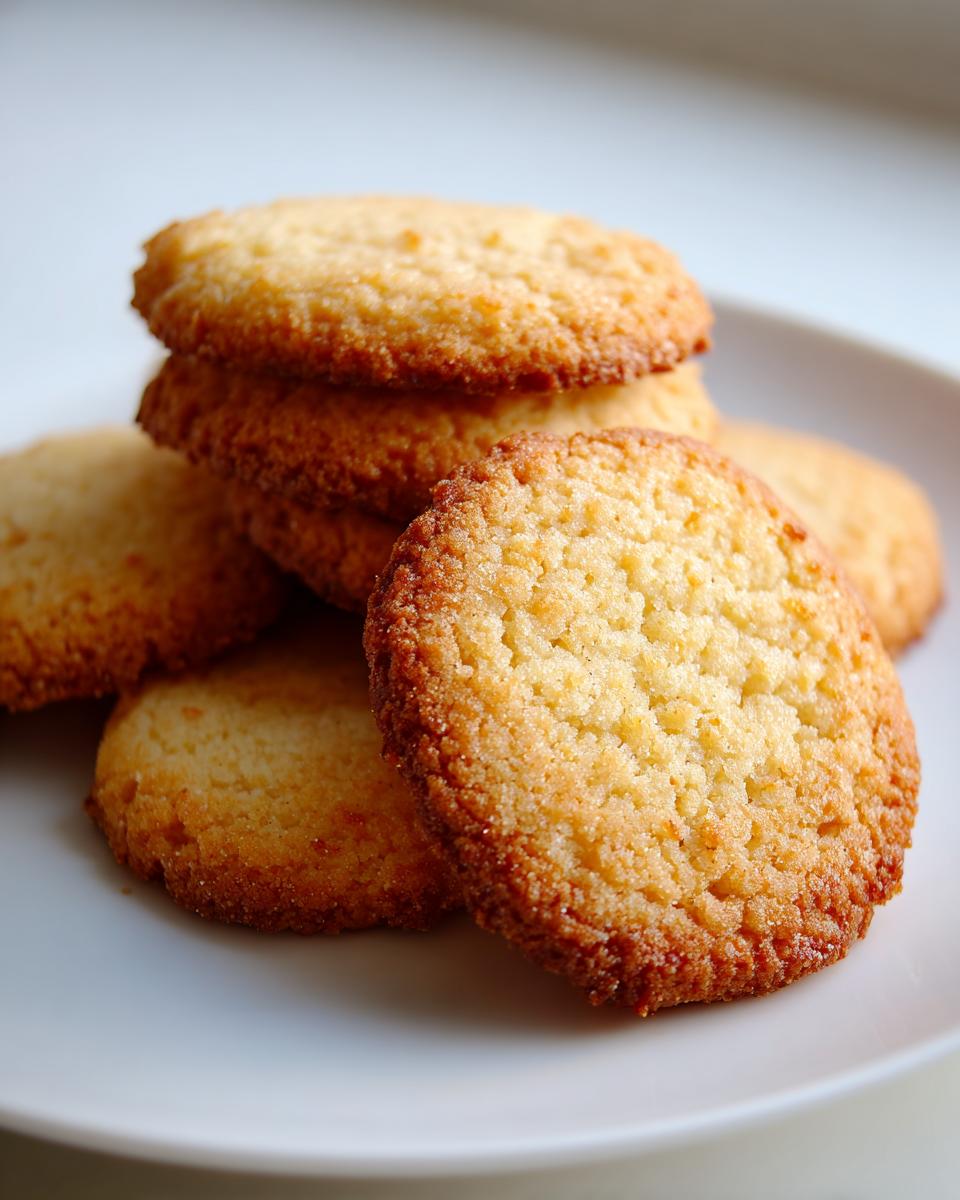 Stapel von goldbraunen, knusprigen Einfache Vanillekekse auf einem weißen Teller.