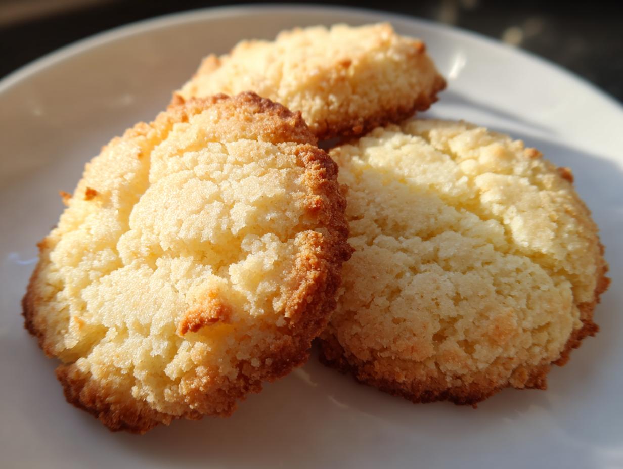 Drei goldbraun gebackene Einfache Vanillekekse liegen auf einem weißen Teller im Sonnenlicht.