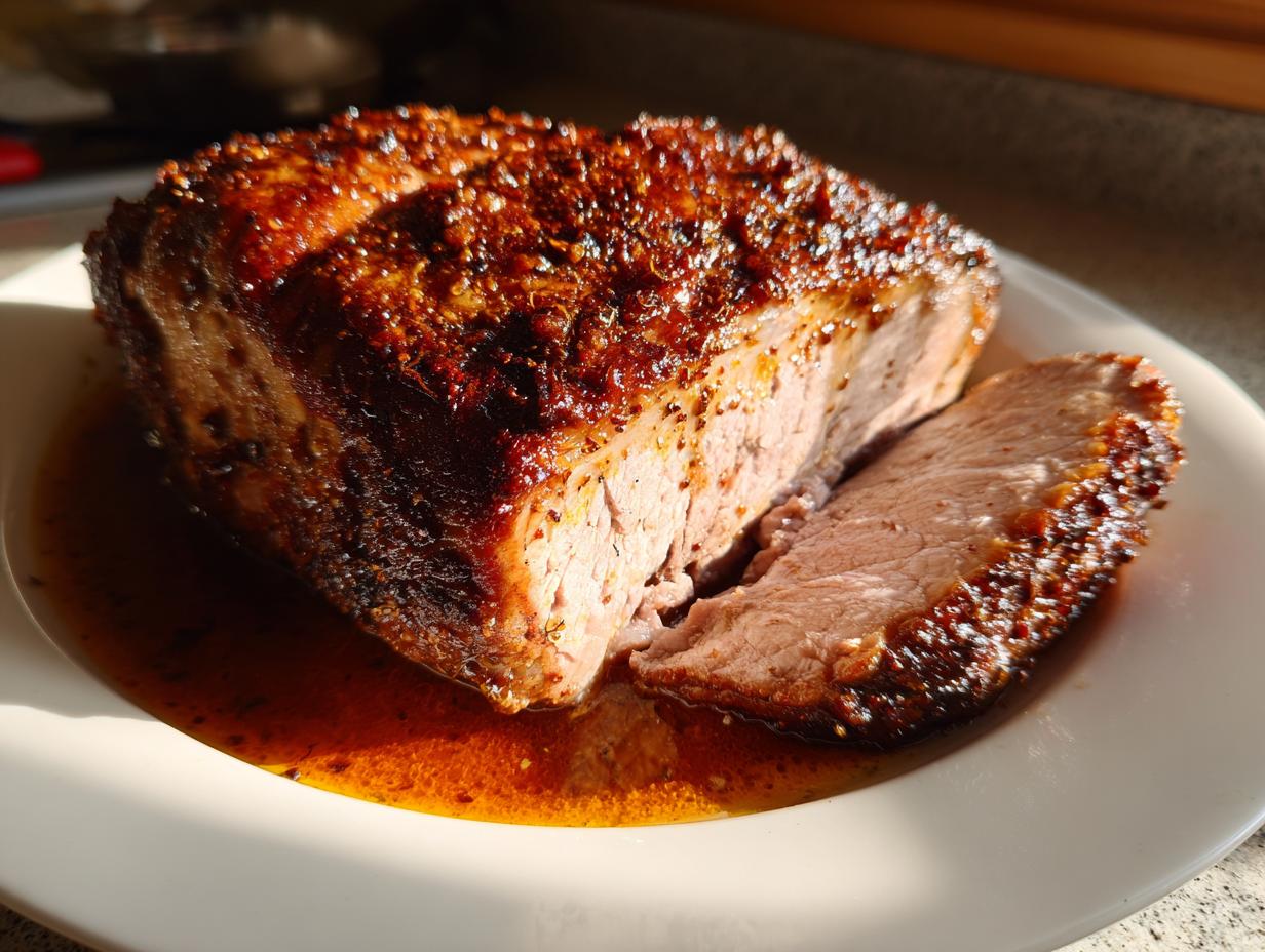 Ein saftiger, angeschnittener Räuberbraten mit dunkler Kruste in einer würzigen Soße auf einem weißen Teller.