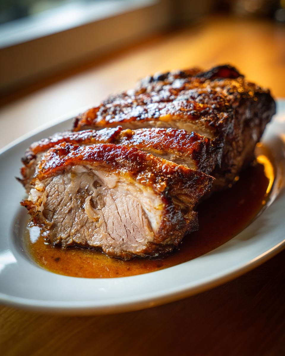 Aufgeschnittener, saftiger Räuberbraten mit knuspriger Kruste in dunkler Soße auf einem weißen Teller.