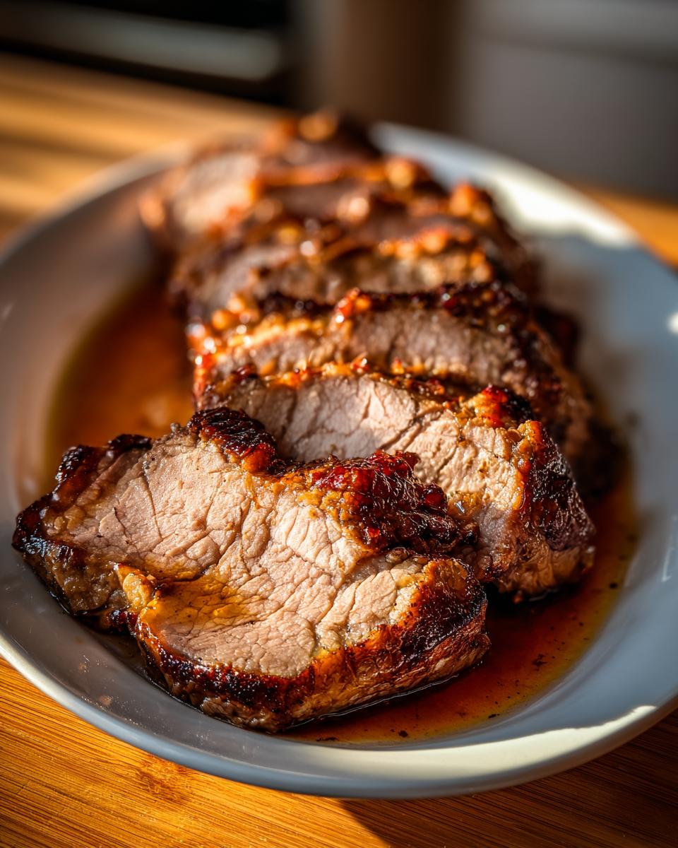 Nahaufnahme von saftigen Scheiben des Einfachen Räuberbraten Rezept für den Ofen auf einem Teller.
