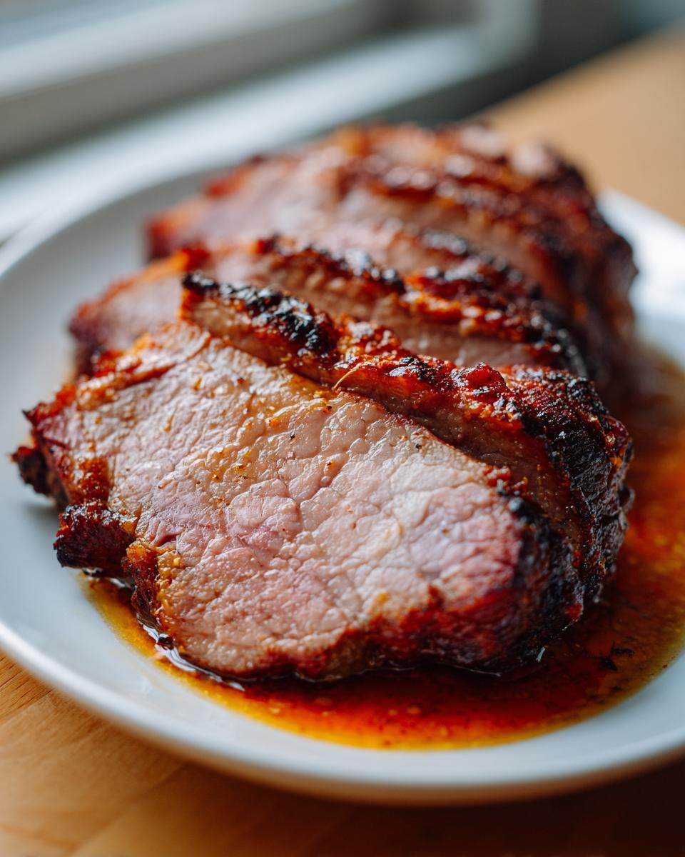 Nahaufnahme von drei Scheiben saftigem Räuberbraten mit dunkler Kruste in Bratensaft auf einem weißen Teller.