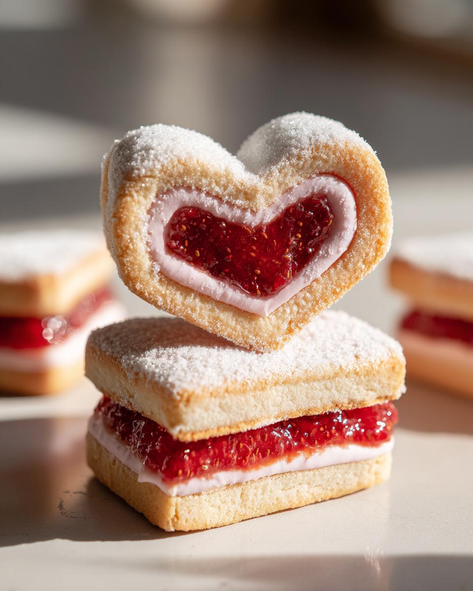 Zwei gestapelte Erdbeer Keksherzen, gefüllt mit Erdbeermarmelade und Creme, bestäubt mit Puderzucker.
