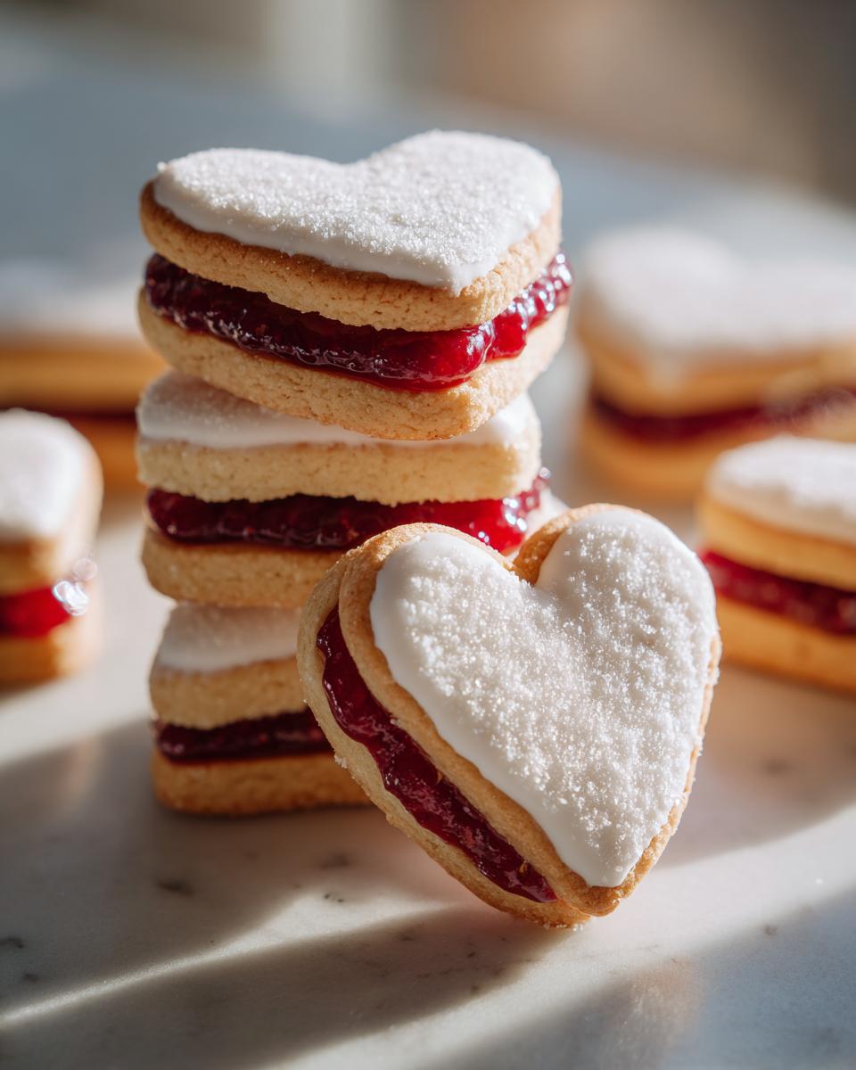 Nahaufnahme von gestapelten und einzelnen Erdbeer Keksherzen, gefüllt mit Marmelade und weißem Zuckerguss.