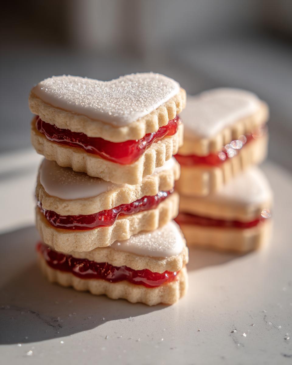 Stapel von drei Herzform-Keksen, gefüllt mit roter Erdbeermarmelade und bedeckt mit weißem Zuckerguss, die Erdbeer Keksherzen.