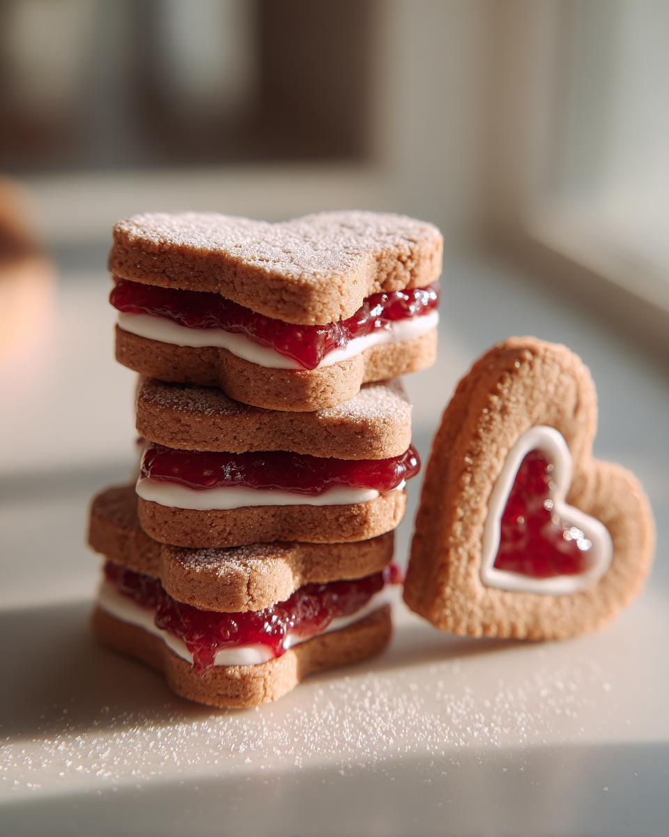 Stapel von drei Herz-Keksen gefüllt mit Marmelade und Creme, daneben ein einzelnes Erdbeer Keksherzen.