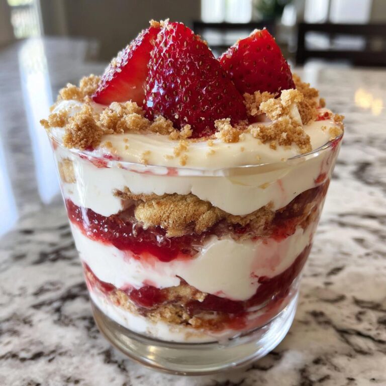 Geschichtetes Erdbeer-Mascarpone-Mousse mit Yogurette, garniert mit frischen Erdbeeren und Keksbröseln.