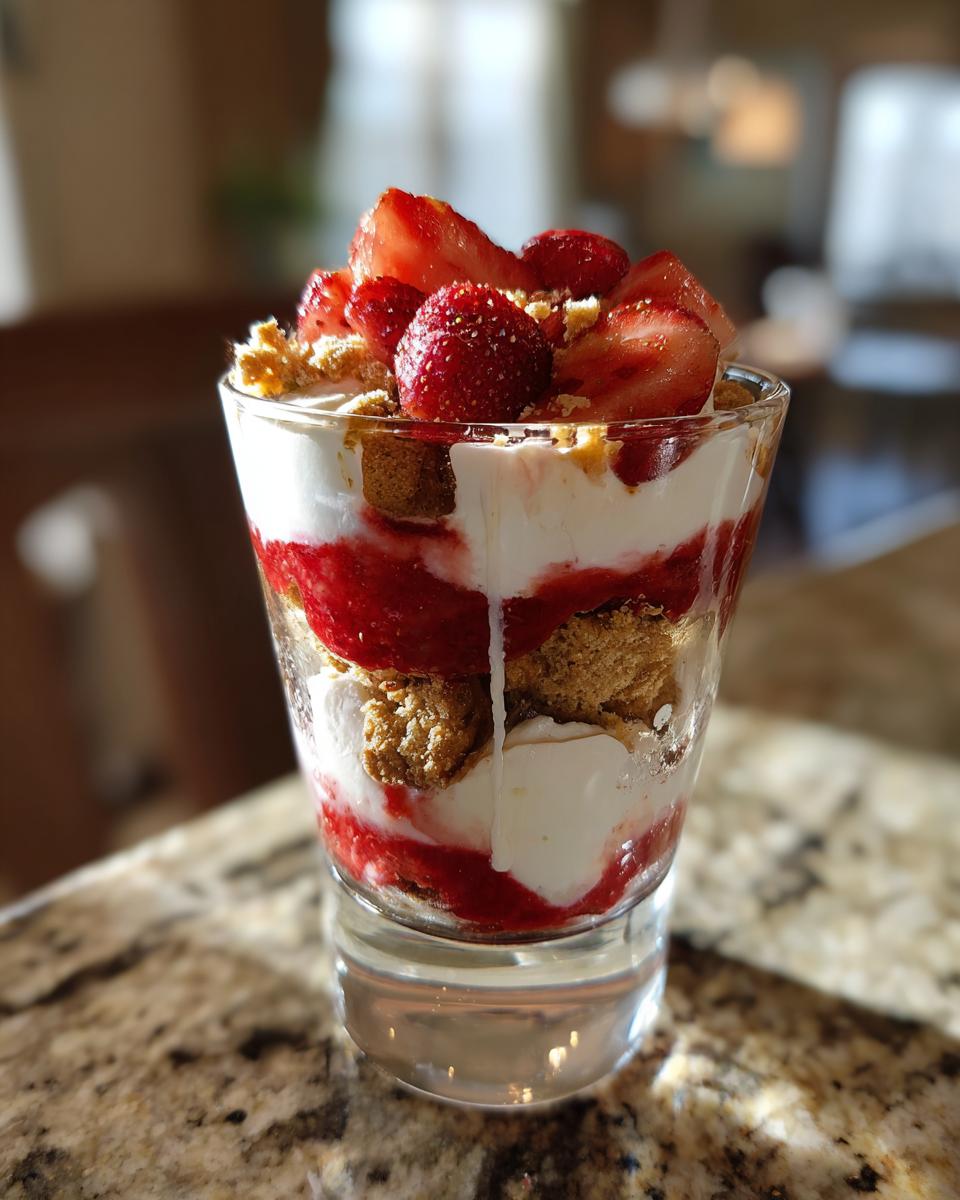 Geschichtetes Erdbeer-Mascarpone-Mousse mit Yogurette und Keksstücken in einem Glas.