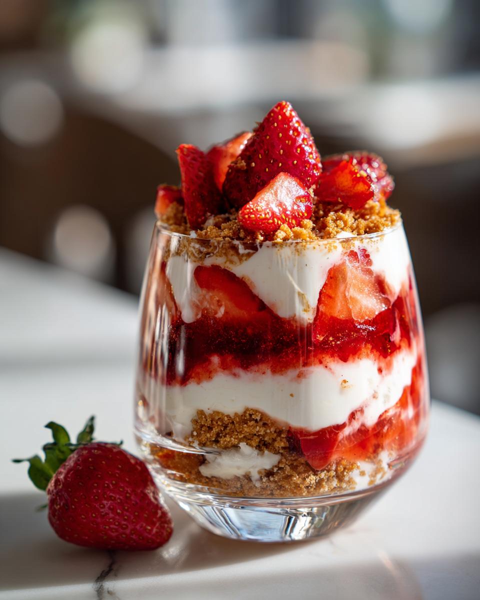 Nahaufnahme eines Erdbeer-Mascarpone-Mousse mit Yogurette Schichten, garniert mit frischen Erdbeeren und Keksbröseln.