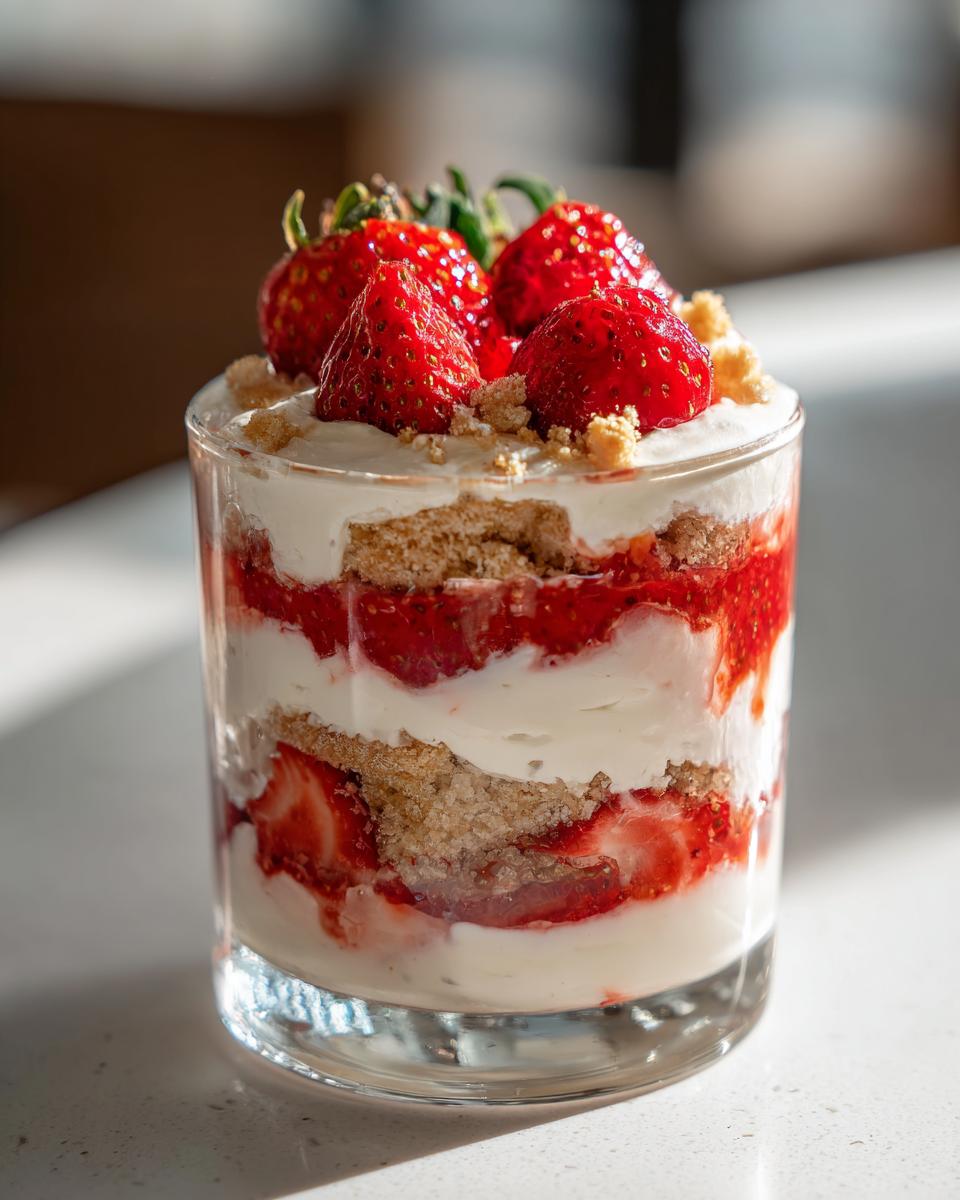 Geschichtetes Erdbeer-Mascarpone-Mousse mit Yogurette-Bröseln und frischen Erdbeeren obenauf.