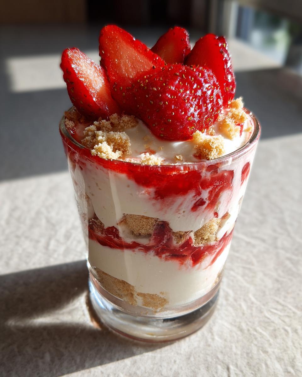 Ein Glas Erdbeer-Mascarpone-Mousse mit Yogurette, geschichtet mit Erdbeersauce und Keksbröseln, garniert mit frischen Erdbeeren.