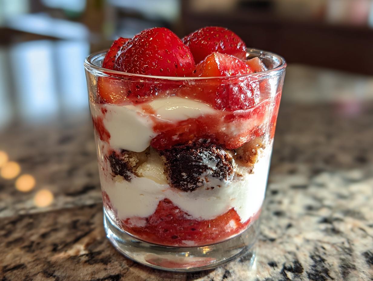Nahaufnahme eines Erdbeer-Mascarpone-Mousse mit Yogurette Schichten in einem Glas, garniert mit frischen Erdbeeren.