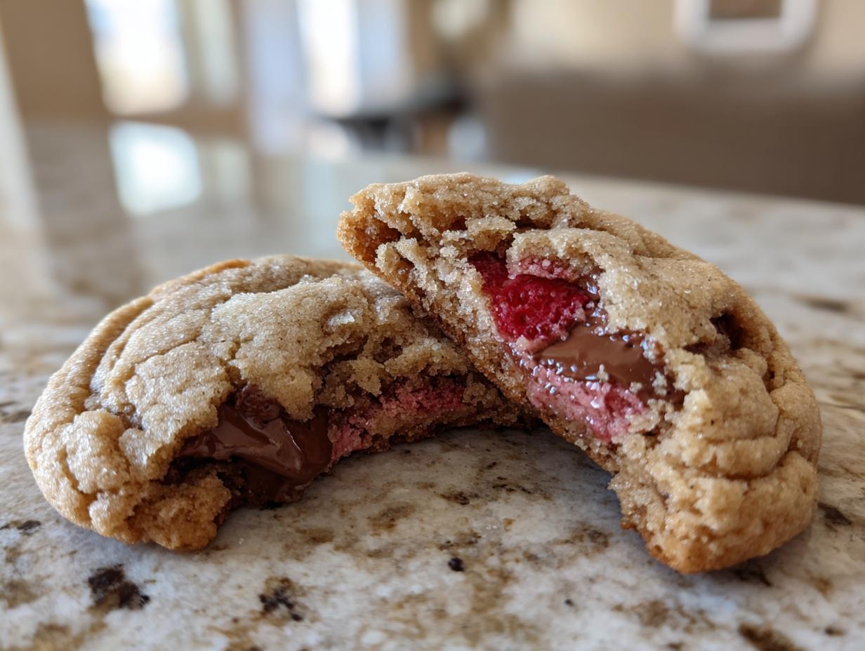 Nahaufnahme eines aufgeschnittenen Erdbeer-Schoko-Küsse Cookies, der geschmolzene Schokolade und rote Erdbeerstücke zeigt.