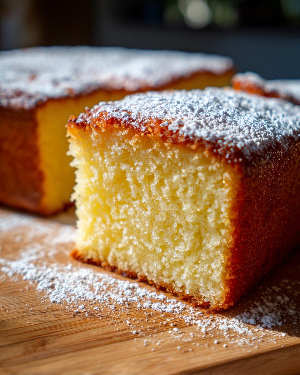 Nahaufnahme eines saftigen Stücks Fantakuchen vom Blech, bestäubt mit Puderzucker, auf einem Holzbrett.