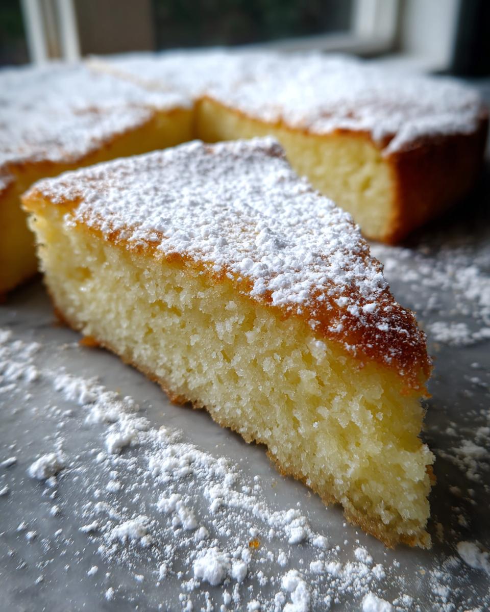 Nahaufnahme eines Kuchenschnitts von Fantakuchen vom Blech, bestäubt mit Puderzucker.