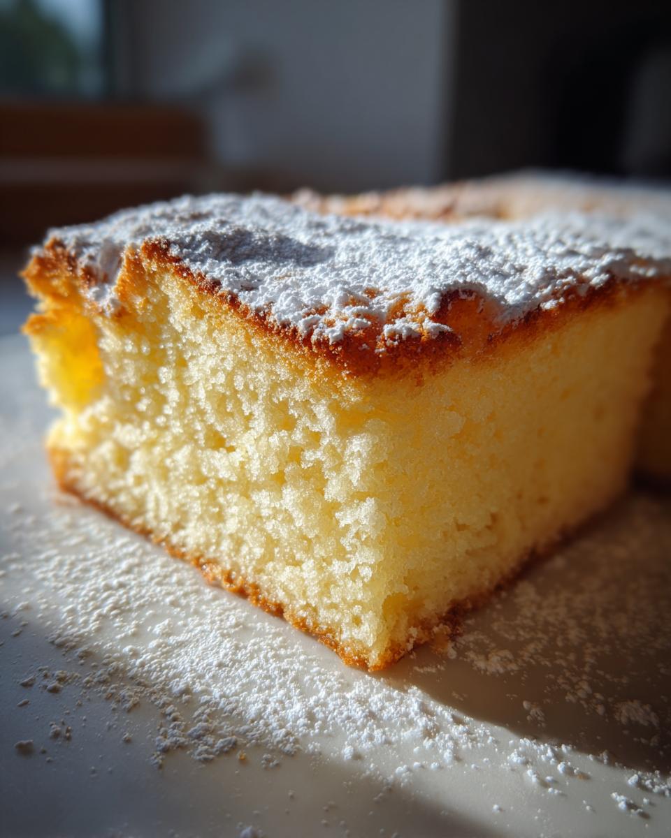 Nahaufnahme eines saftigen Stücks Fantakuchen vom Blech, bestäubt mit Puderzucker im Sonnenlicht.
