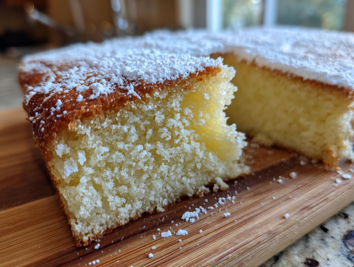 Nahaufnahme eines saftigen Stücks Fantakuchen vom Blech, bestäubt mit Puderzucker, auf einem Holzbrett.