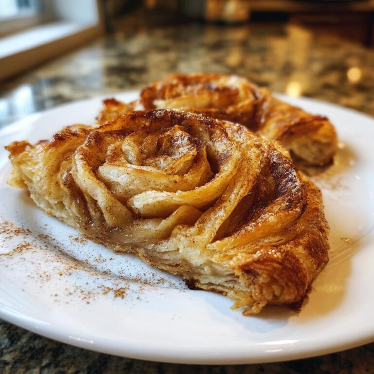 Nahaufnahme einer frisch gebackenen Blätterteig-Apfelrosen mit Zimt und Zucker auf einem weißen Teller.