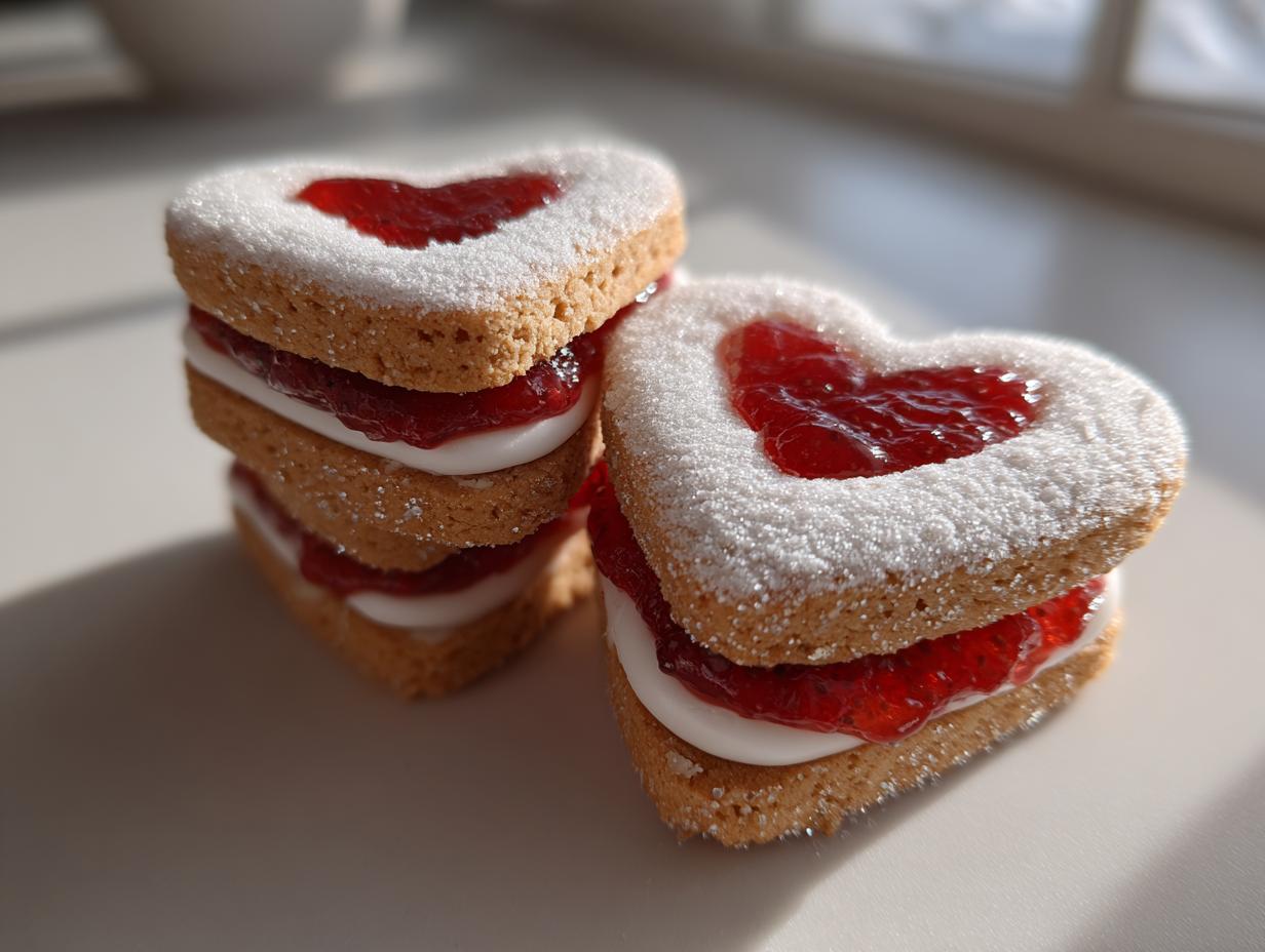 Zwei Stapel Herz-förmige Erdbeer Keksherzen, gefüllt mit Marmelade und Creme, bestäubt mit Puderzucker.