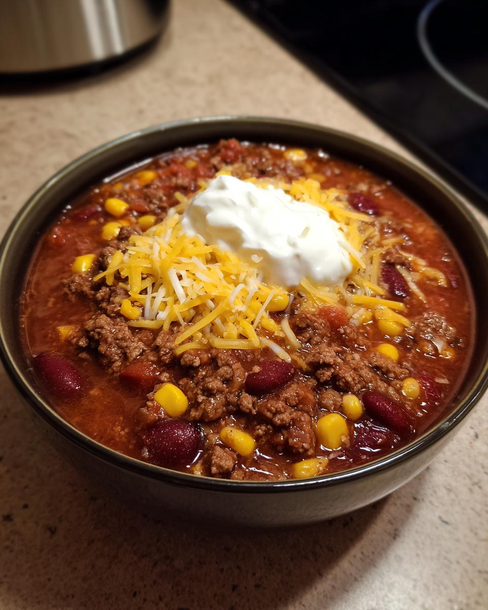 Nahaufnahme einer Schüssel mit herzhafter Taco-Suppe, belegt mit Hackfleisch, Bohnen, Mais, geriebenem Käse und einem Klecks saurer Sahne.