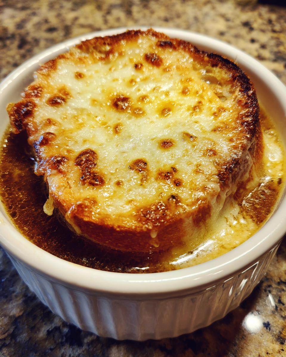 Nahaufnahme einer Schüssel mit Feurige Zwiebelsuppe, bedeckt mit einer dicken, goldbraun überbackenen Käsescheibe.