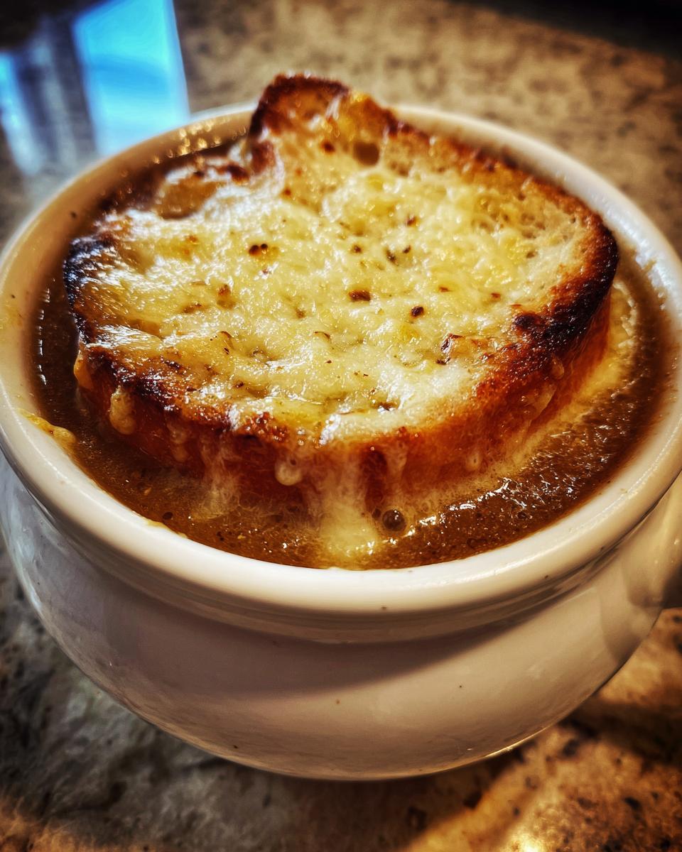 Nahaufnahme einer dampfenden Feurige Zwiebelsuppe mit einer dicken Scheibe überbackenem Käsebrot.