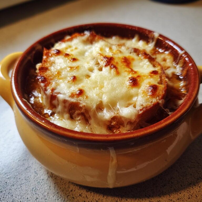 Nahaufnahme einer Schüssel Feurige Zwiebelsuppe, bedeckt mit einer dicken Schicht goldbraun überbackenem Käse.