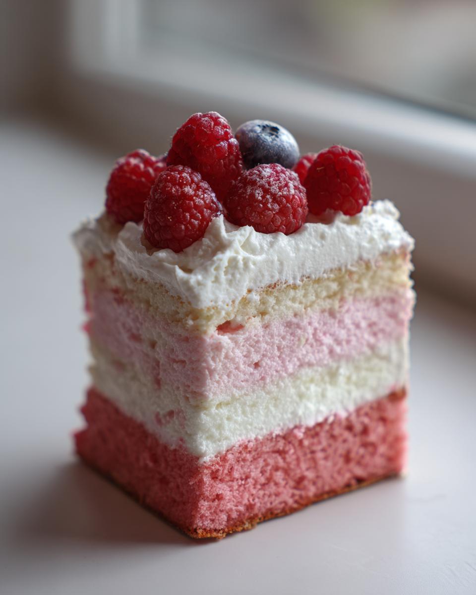 Nahaufnahme eines quadratischen Stücks Flamingo-Torte mit rosa und weißen Schichten, gekrönt mit Schlagsahne, Himbeeren und einer Blaubeere.