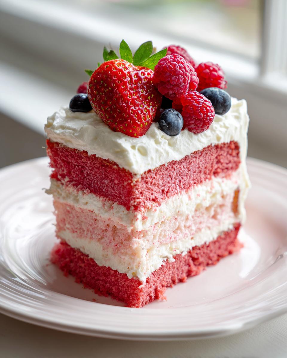 Nahaufnahme eines Stücks Flamingo-Torte mit roten Schichten, weißer Creme und frischen Erdbeeren, Himbeeren und Blaubeeren.
