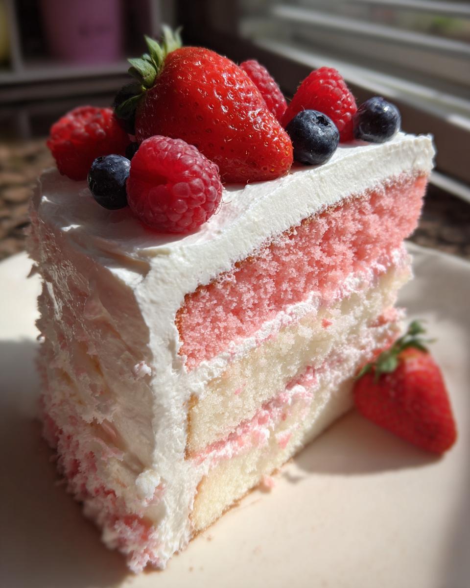 Nahaufnahme eines Stücks Flamingo-Torte mit rosa und weißem Biskuit, weißer Creme und frischen Erdbeeren, Himbeeren und Blaubeeren.