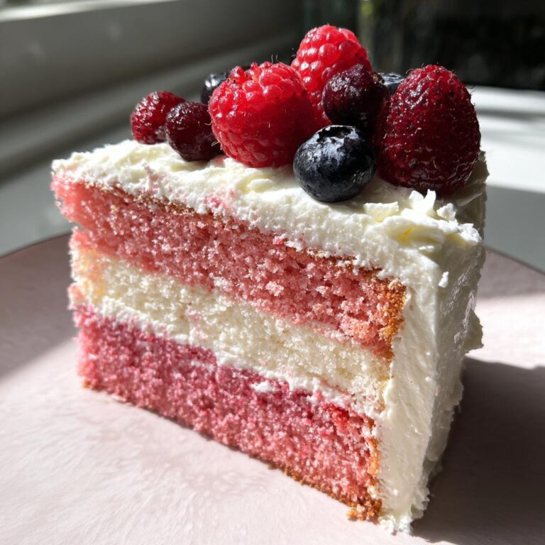 Nahaufnahme eines Stücks Flamingo-Torte mit rosa und weißen Schichten, bedeckt mit weißer Creme und frischen Himbeeren und Blaubeeren.