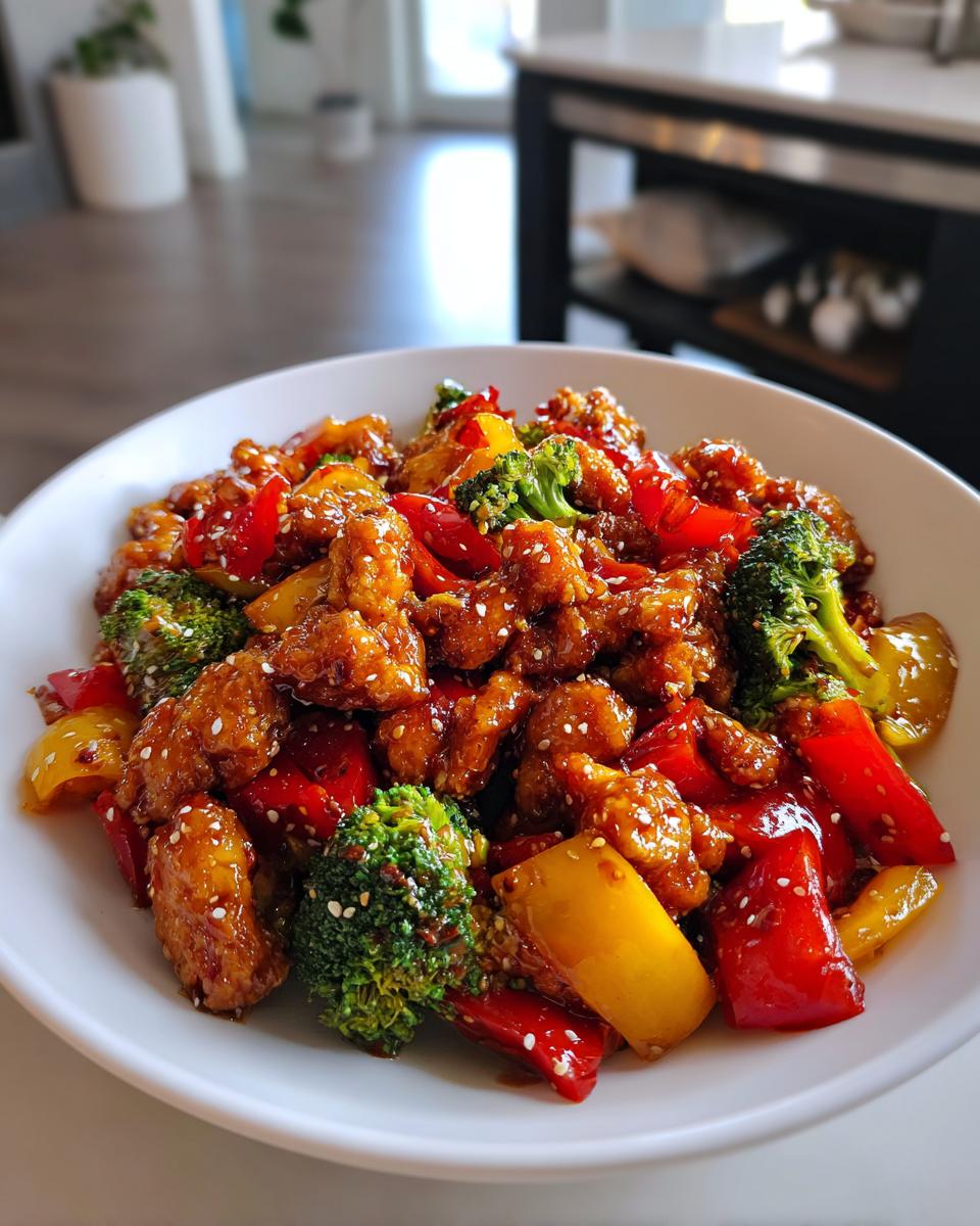 Nahaufnahme einer leuchtenden Gemüsepfanne mit Huhn, Brokkoli und Paprika, bestreut mit Sesam.