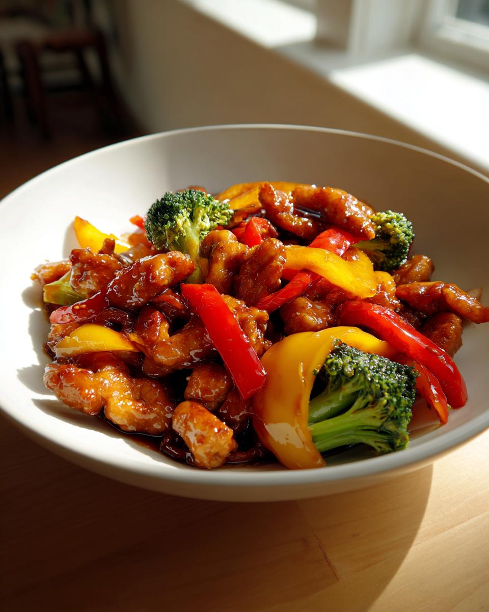 Nahaufnahme einer fertigen Gemüsepfanne mit Huhn, leuchtendem Brokkoli und Paprika in einer weißen Schüssel.