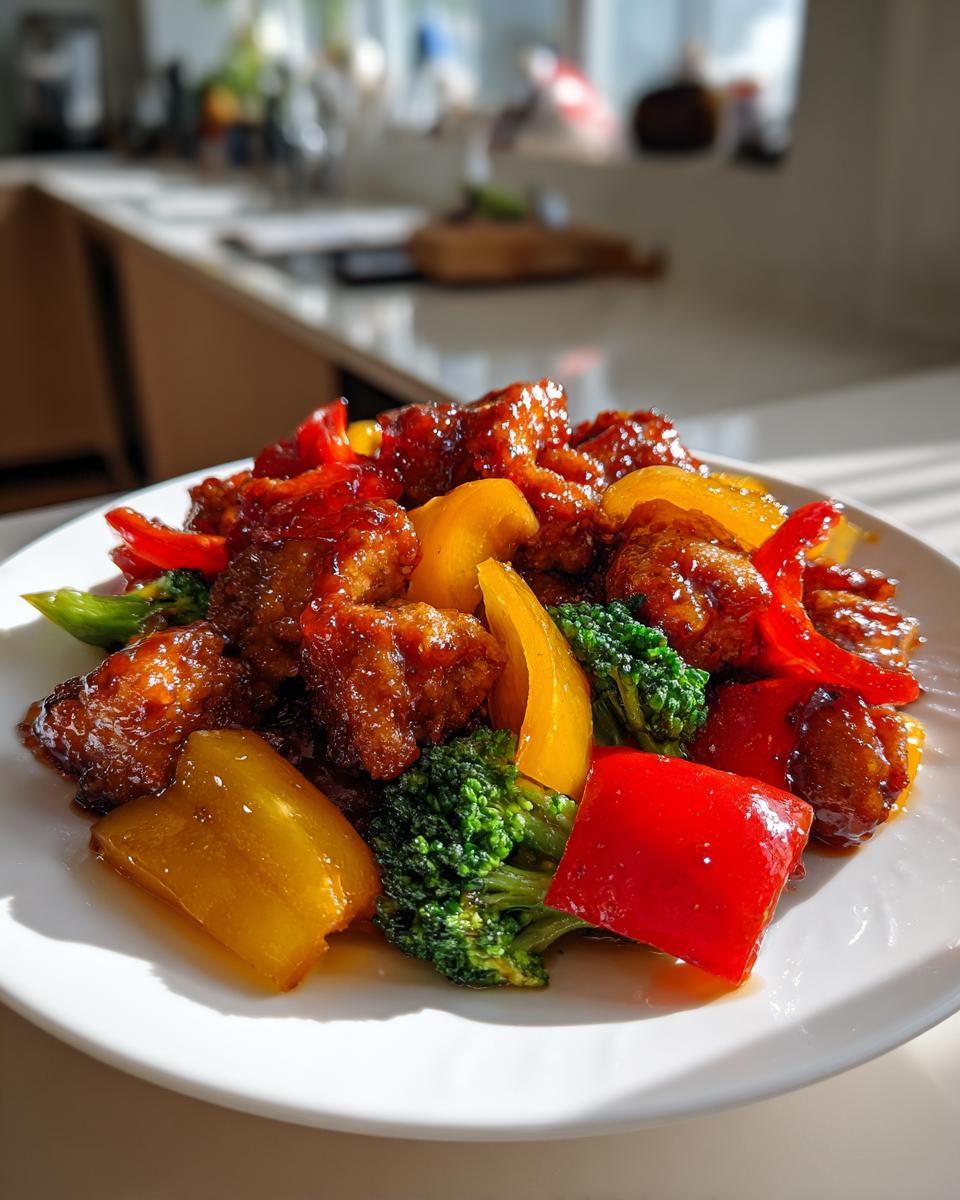 Nahaufnahme einer leuchtenden Gemüsepfanne mit Huhn, Paprika und Brokkoli auf einem weißen Teller.