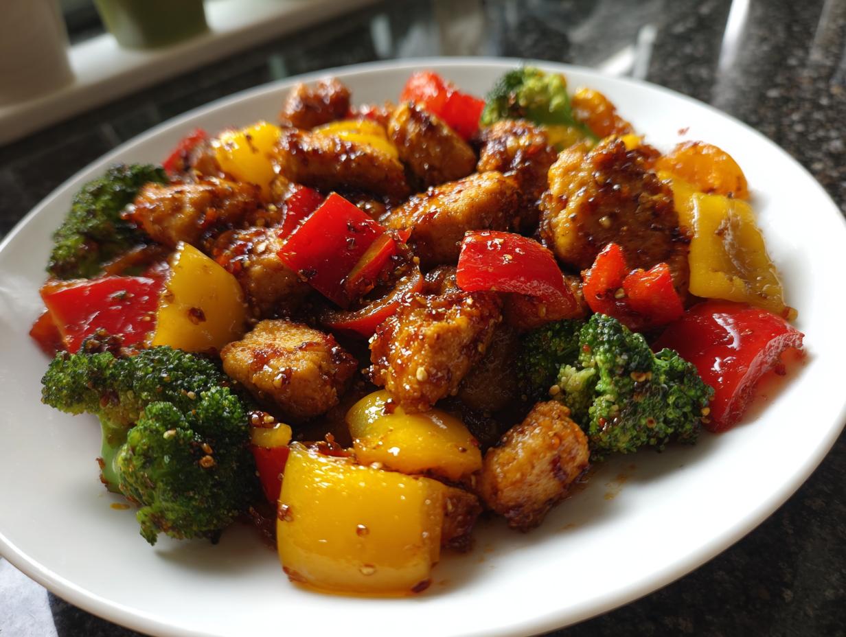 Nahaufnahme einer fertigen Gemüsepfanne mit Huhn, buntem Paprika und Brokkoli, glasiert in einer dunklen Soße.