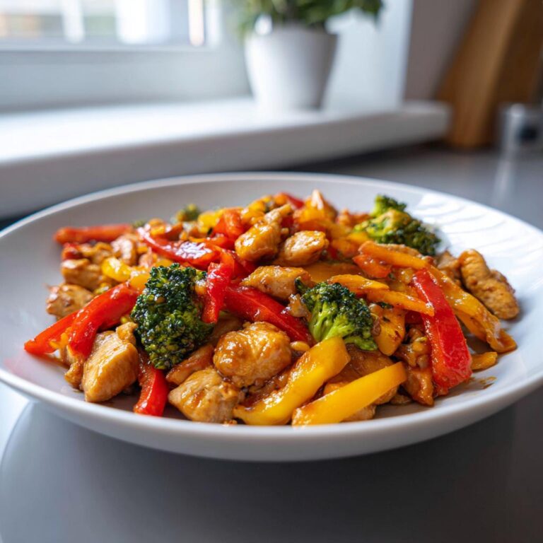 Nahaufnahme einer fertigen Gemüsepfanne mit Huhn, Paprika und Brokkoli auf einem weißen Teller.