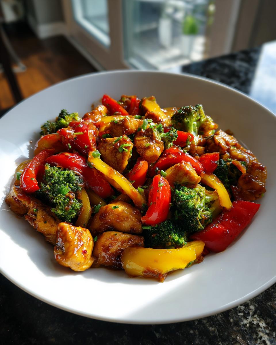 Nahaufnahme einer fertigen Gemüsepfanne mit Huhn, leuchtend roten und gelben Paprika sowie Brokkoli in einer weißen Schale.